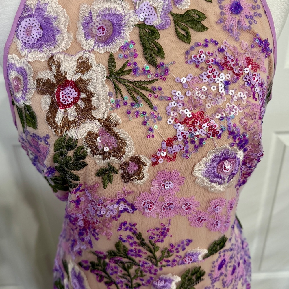 Sam Edelman Lavender Floral Lace Sequin High Neck Dress Small Formal Cocktail - Picture 4 of 16